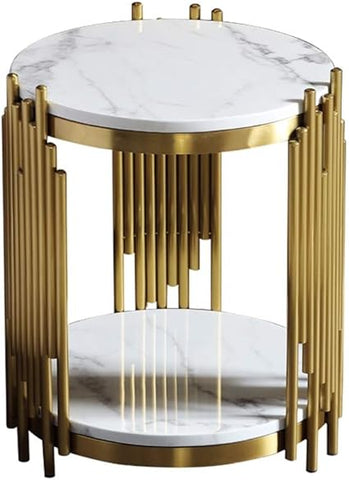 Living Room Round Table Snack Table Phone Table, Marble Table Top and Golden Metal Frame, 50cmx50cmx55cm