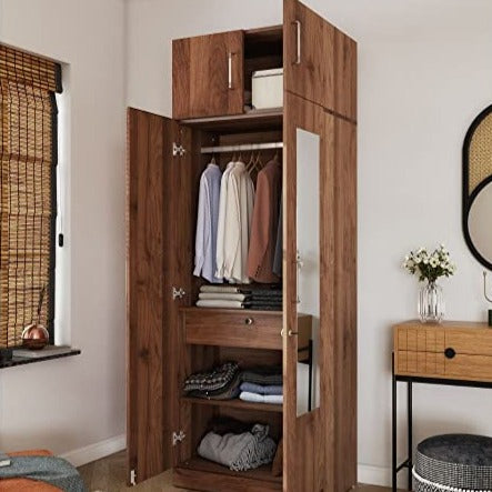 Wardrobe Wooden, Gingham 2 Door with Mirror, 1 Drawer, Loft & 1 Hanging Space, 18MM Panels, with Assembly (Columbian Walnut)