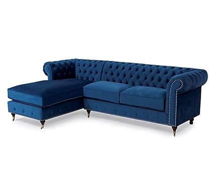 Wooden Chesterfield Sofa, 4 Seater Sofa & Couches. (Blue)