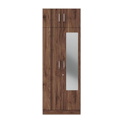 Wardrobe Wooden, Gingham 2 Door with Mirror, 1 Drawer, Loft & 1 Hanging Space, 18MM Panels, with Assembly (Columbian Walnut)