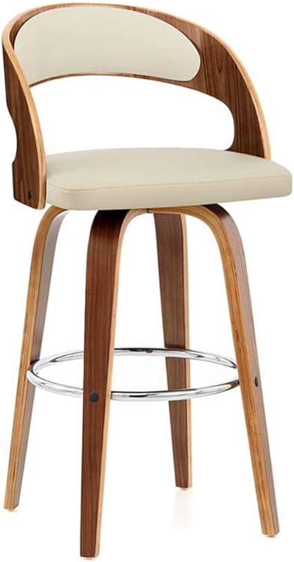 Bar Stool Solid Wood Dining Chairs, with Back and Upholstered Leather Seat, Wood Legs and Steel Round Footrest | Modern High Stools Pub Counter Chair