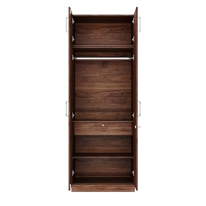 Wardrobe Wooden, Gingham 2 Door with Mirror, 1 Drawer, Loft & 1 Hanging Space, 18MM Panels, with Assembly (Columbian Walnut)