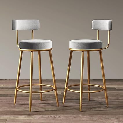 Upholstered Barstools with Back, Footrest, and Round Height - Modern Bar Chairs, Ideal Dining Chairs for Kitchen Islands (75 CM, Grey)