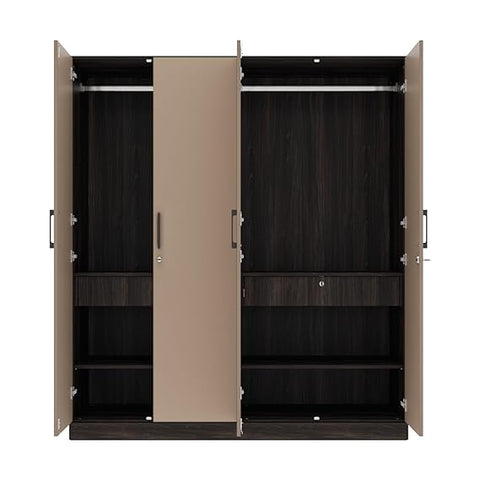 Wooden Almirah for Clothes, Wardrobe Wooden, Cashmere Plus 4 Door, Mirror, 2 Drawer, 2 Hanging Space, 18MM Panels, With Assembly (Wyoming Maple & Frappe)