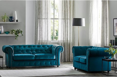 New Chesterfield Sofa Set Plush Fabric Teal Studded Large Sofa Suite (Teal, Sofa Set(3 Seater + 2 Seater))