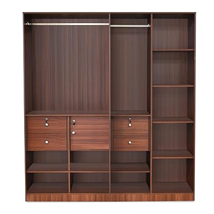 Engineered Wood Wardrobe Without Mirror with 13 Shelves, 2 Handing Rod, 4 Drawers, & 1 Cabinet (Classic Walnut)