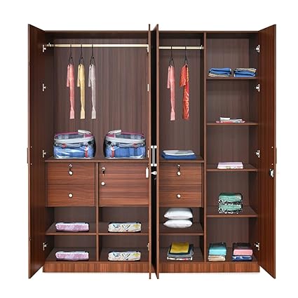 Engineered Wood Wardrobe Without Mirror with 13 Shelves, 2 Handing Rod, 4 Drawers, & 1 Cabinet (Classic Walnut)