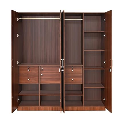 Engineered Wood Wardrobe Without Mirror with 13 Shelves, 2 Handing Rod, 4 Drawers, & 1 Cabinet (Classic Walnut)