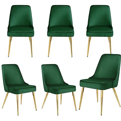 Velvet Dining Chairs Sets of 6 Upholstered Mid-Century Modern Desk Comfy Side Chair with Gold Legs for Kitchen Living Room Green