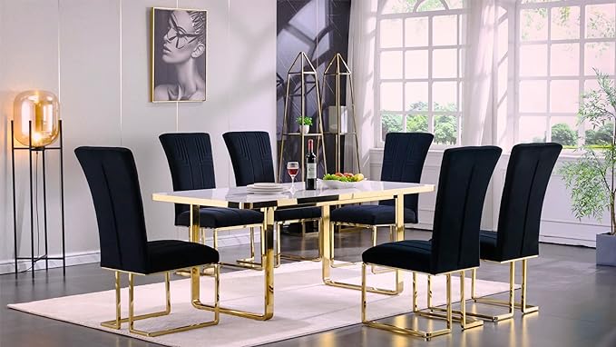 Modern Dining Chairs, Sky Blue Velvet Upholstered Dining Chairs with Geometric Texture Design Back and Mirror Gold Sled Base, Contemporary Dining Chair for Dining Room, Kitchen(Set of 6)