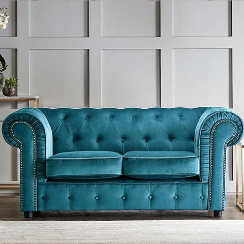 New Chesterfield Sofa Set Plush Fabric Teal Studded Large Sofa Suite (Teal, Sofa Set(3 Seater + 2 Seater))