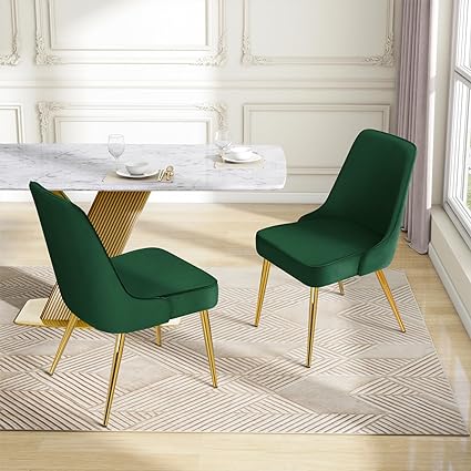 Velvet Dining Chairs Sets of 6 Upholstered Mid-Century Modern Desk Comfy Side Chair with Gold Legs for Kitchen Living Room Green