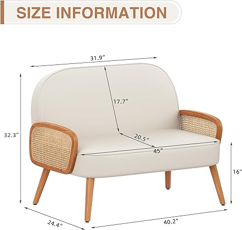 Loveseat Sofa Small Couch for Living Room, Faux Leather Mini Couch Love Seat with Natural Rattan Armrest and Solid Wooden Legs Small Sofa for Small Space, Bedroom, Apartment（Beige）