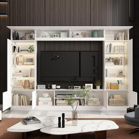 Minimalism Wall Unit TV Stand with Bookshelves for TVs up to 75", Entertainment Center Media Console Table with LED Lights, Cord Management & Shelves, White