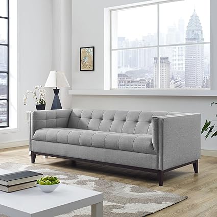 Modern Sofa with Upholstered Tufted Fabric in Light Gray