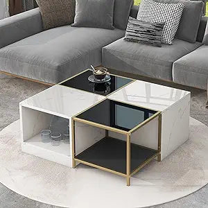 Coffee Table Modern Square Coffee Tables for Living Room High Gloss Tables 2-Tier Desktop Mid-Century Design Home Furniture with Storage Shelf for Studio Apartment White+Black