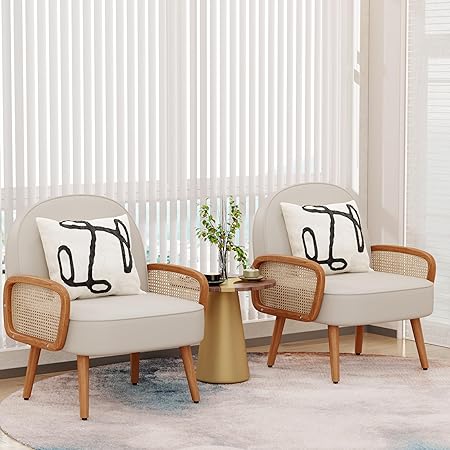 Accent Chairs Rattan Comfy Upholstered Modern Arm Chair for Living Room Reading Bedroom Balcony Faux Leather Chair, Beige