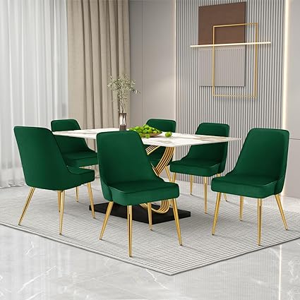 Velvet Dining Chairs Sets of 6 Upholstered Mid-Century Modern Desk Comfy Side Chair with Gold Legs for Kitchen Living Room Green