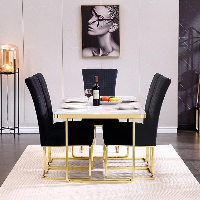 Modern Dining Chairs, Sky Blue Velvet Upholstered Dining Chairs with Geometric Texture Design Back and Mirror Gold Sled Base, Contemporary Dining Chair for Dining Room, Kitchen(Set of 6)