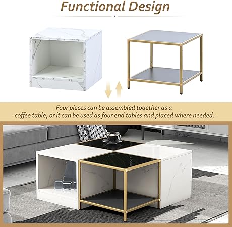 Coffee Table Modern Square Coffee Tables for Living Room High Gloss Tables 2-Tier Desktop Mid-Century Design Home Furniture with Storage Shelf for Studio Apartment White+Black