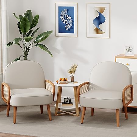 Accent Chairs Rattan Comfy Upholstered Modern Arm Chair for Living Room Reading Bedroom Balcony Faux Leather Chair, Beige