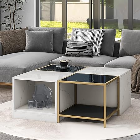 Coffee Table Modern Square Coffee Tables for Living Room High Gloss Tables 2-Tier Desktop Mid-Century Design Home Furniture with Storage Shelf for Studio Apartment White+Black