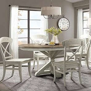 Dining Set-Round Pedestal Table with 18" Leaf, and Side Chairs, 5-Piece, 48" D x 48-66" W x 30" H, Smoky White Finish