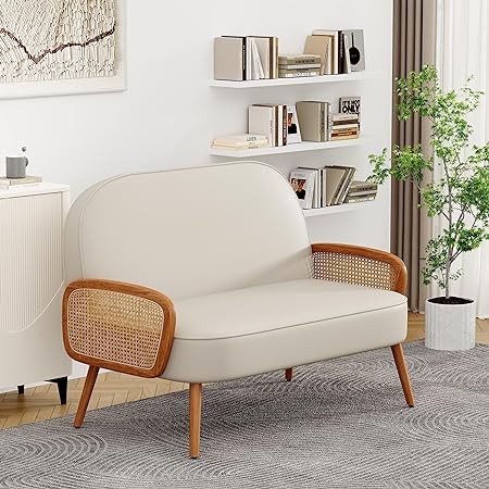 Loveseat Sofa Small Couch for Living Room, Faux Leather Mini Couch Love Seat with Natural Rattan Armrest and Solid Wooden Legs Small Sofa for Small Space, Bedroom, Apartment（Beige）